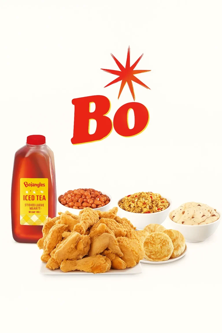 "12 Piece Tailgate Special featuring a platter of twelve golden fried chicken tenders with crispy onion straws, two bottles of sauce, a plate of biscuits, and bowls of seasoned rice, fried onions, and coleslaw, all displayed under the red and yellow 'Bo' logo with a starburst."
Bojangles Family Menu 