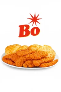 12-piece Supremes Box featuring a plate of golden fried chicken tenders and fluffy biscuits, with the red Bo logo and starburst above, set against a pure white background."
Bojangles Menu