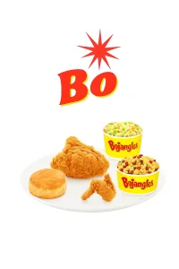 "Bojangles dinner menu featuring two pieces of fried chicken, a breast and a wing, served with a biscuit and two sides in yellow Bojangles cups, all placed on a white plate."
Bojangles Menu