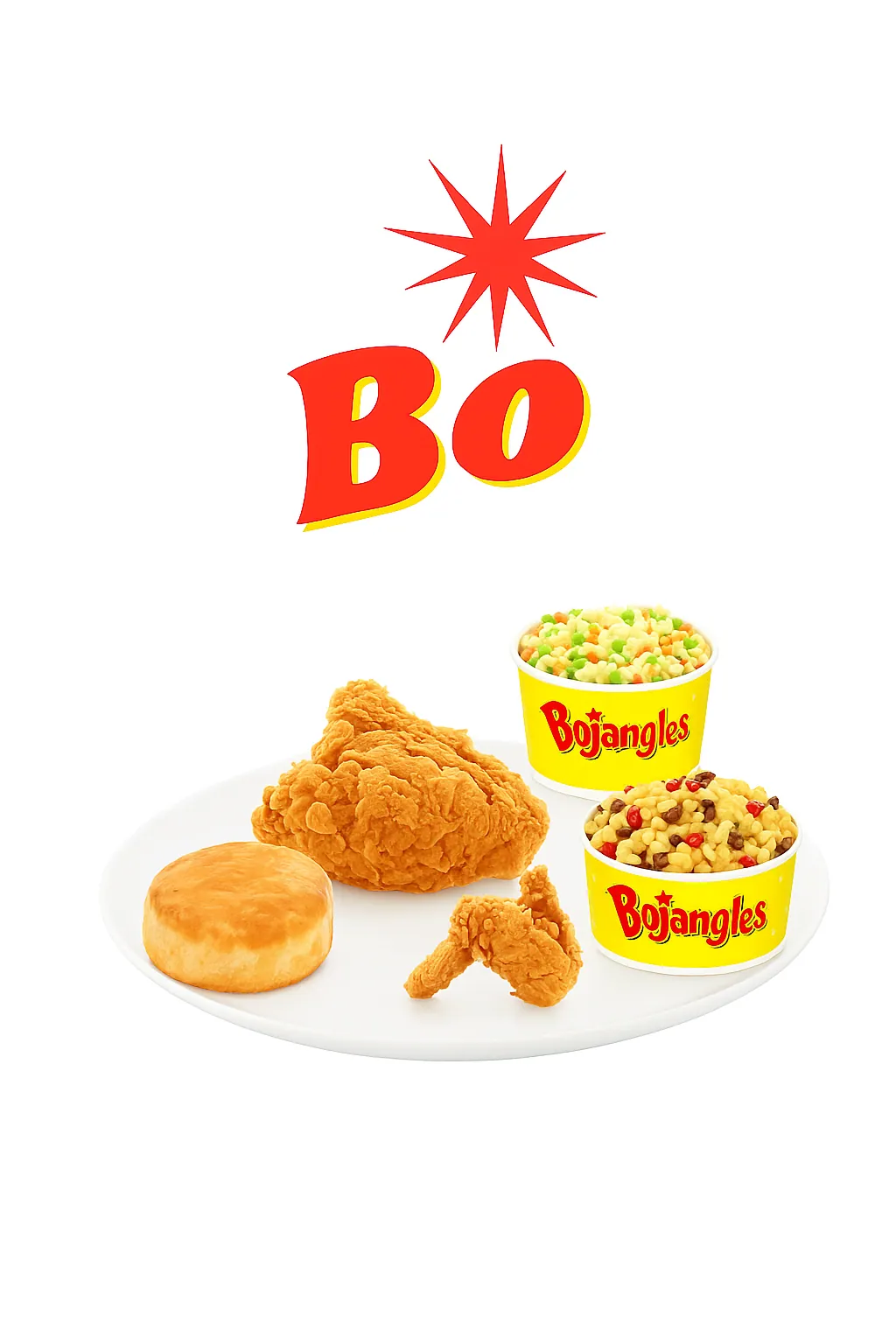 "Bojangles dinner menu featuring two pieces of fried chicken, a breast and a wing, served with a biscuit and two sides in yellow Bojangles cups, all placed on a white plate." Bojangles Dinner Menu