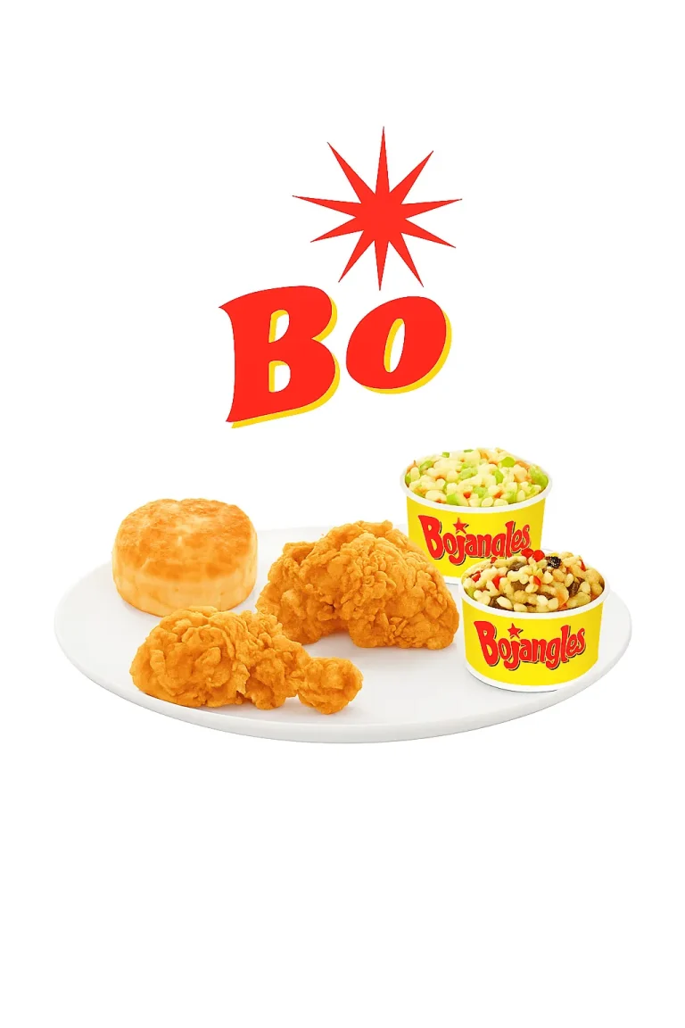"Bojangles dinner menu featuring two pieces of fried chicken (leg and thigh), a biscuit, and two side dishes in branded yellow Bojangles cups, served on a white plate." Bojangles Dinner Menu
