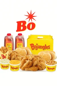 "Bojangles 20-piece Jumbo Tailgate meal with crispy fried chicken, biscuits, seasoned fries, mac and cheese, coleslaw, dirty rice, and two half-gallon iced teas, displayed with the Bo logo on a white background. "Bojangles  Menu"