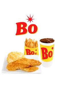 "A delicious 3-piece Supreme Dinner from Bojangles' Boneless Dinner menu, featuring crispy golden chicken tenders, a warm biscuit, seasoned fries in a branded container, and a large soft drink, all against a clean white background. The Bojangles logo is prominently displayed at the top in red and yellow, with a starburst graphic." Bojangles menu