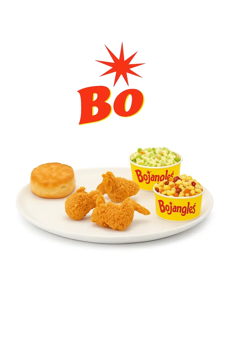“Bojangles 3 Wings Special Dinner featuring three crispy fried chicken wings, a golden-brown biscuit, creamy coleslaw, and seasoned corn with beans, served on a white plate with the Bojangles logo above.” Bojangles Dinner Menu