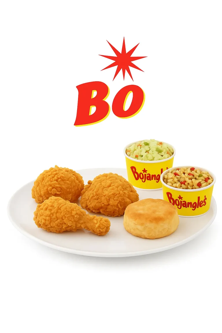 "Bojangles dinner menu featuring three pieces of fried chicken legs and two thighs, served with a biscuit and two sides in yellow Bojangles cups, all placed on a white plate." Bojangles Dinner Menu