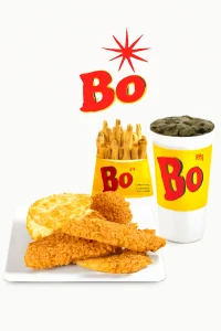 Bojangles 4-piece Supremes Meal with four crispy chicken fillets served on a plate, golden seasoned French fries in a yellow Bojangles box, and a large soft drink in a branded Bojangles cup, all displayed on a pure white background with the red Bojangles "Bo" logo above. Bojangles menu