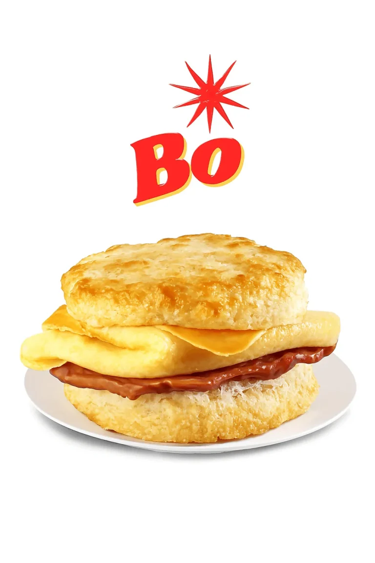 "Bacon, egg, and cheese biscuit sandwich on a white plate with the word 'BO' and a red starburst graphic above it."Bojangles Biscuits menu