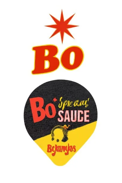 The image features the logo for "Bojangles" with the text "Bo" in bold, vibrant red letters at the top. Below, there is a graphic featuring the words "Bo* Special Sauce" in playful, stylized fonts, accompanied by a yellow and black background. The bottom of the design includes the "Bojangles" brand name in red. The design is colorful and eye-catching, with a fun, retro feel.