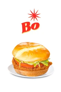 Cajun Filet sandwich, crispy & tast sandwich on white plate showing red website Bo logo.
Bojangles Menu