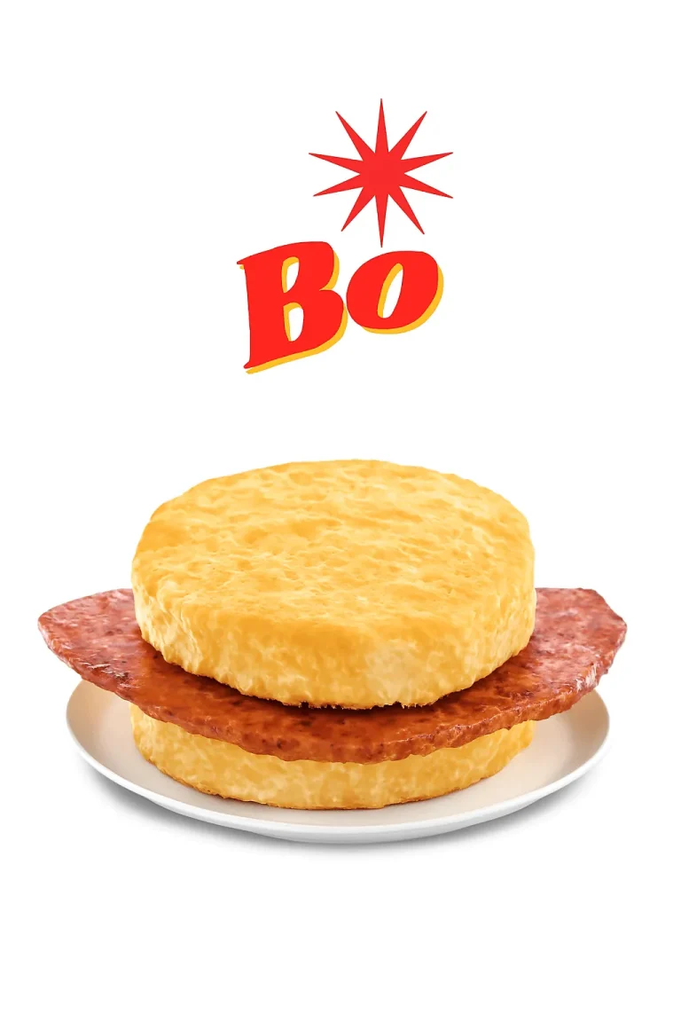 "A Country Ham Biscuit consisting of two golden, flaky biscuit halves sandwiching a layer of savory country ham. The biscuit is placed on a white plate with the word 'Bo' in bold red letters and a starburst above it, set against a plain white background." Bojangles Biscuits menu