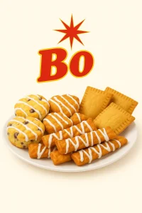 A Sweet Dessert Platter Biscuit featuring a warm, soft biscuit . The biscuit is placed on a white plate with the word 'Bo' in bold red letters and a starburst above it, set against a plain light-colored background. Bojangles  Menu