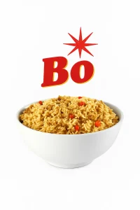 A white bowl filled with Bojangles’ dirty rice, garnished with small red peppers, placed on a plain white background with the red "Bo" logo and starburst above it.
Bojangles menu
