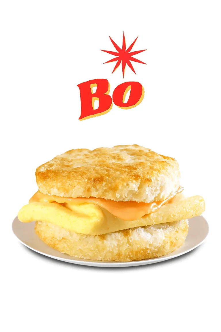 "Egg & Cheese biscuit on a white plate with the word 'BO' and a red starburst graphic above it."Bojangles Biscuits menu