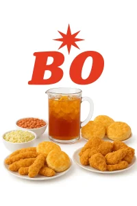 A family meal spread featuring golden fried chicken, crispy tenders, fluffy biscuits, a pitcher of iced tea with lemon, and side dishes including coleslaw, beans, and seasoned rice, with a bold red “BO” logo above on a light background. Bojangles  Menu