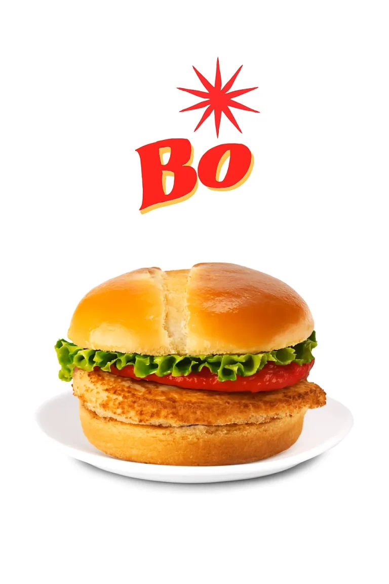"A Grilled Chicken Sandwich with a crispy chicken fillet, fresh tomato slices, and lettuce, all sandwiched in a soft, golden-brown bun. The sandwich is placed on a white plate with the word 'Bo' in bold red letters and a starburst above it, set against a plain white background." sanwich menu