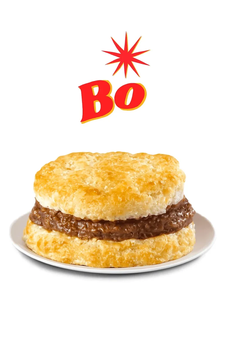 "Golden biscuit sandwich with a savory sausage patty on a white plate, with a red 'Bo' logo above."Bojangles Biscuits menu
