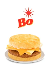 "Sausage, egg, and cheese biscuit sandwich on a white plate with the word 'BO' and a red starburst graphic above it."