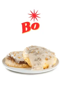 "Two fluffy biscuits topped with creamy sausage gravy on a white plate, with a red 'Bo' logo above."Bojangles  menu