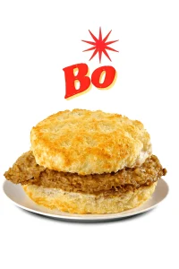 "Steak biscuit with a flaky biscuit and tender steak patty, topped with a burst of 'BO' text above it."Bojangles menu