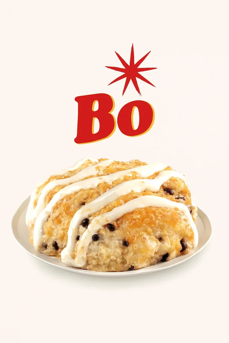 "A Bo-Berry Biscuit featuring a warm, soft biscuit topped with sweet glaze and filled with berries, all drizzled with white icing. The biscuit is placed on a white plate with the word 'Bo' in bold red letters and a starburst above it, set against a plain light-colored background.
Bojangles Sweets Menu