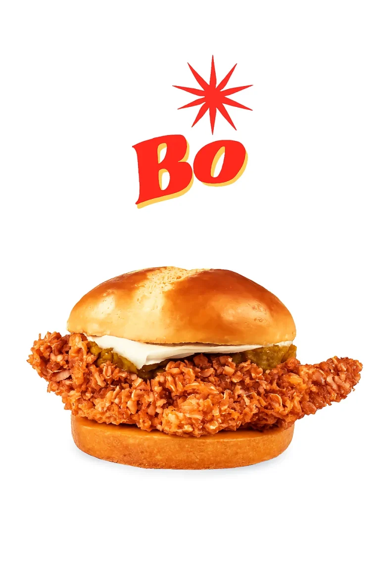 Bo's chicken sandwich, crispy & tast sandwich on white plate showing red website Bo logo. sandwich menu