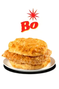 Cajun Filet Biscuit on a white plate with the word 'BO' and a red starburst graphic above it."**Bojangles  menu