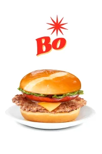 "A Cajun Filet Club Sandwich featuring a crispy chicken fillet, melted cheddar cheese, fresh tomato slices, and lettuce, all sandwiched between a soft, golden-brown bun. The sandwich is placed on a white plate with the word 'Bo' in bold red letters and a starburst above it, set against a plain white background."
Bojangles Menu
