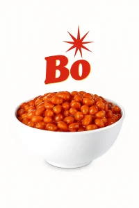 A white bowl filled with Bojangles’ Cajun pintos in a rich red sauce, set against a plain white background with the red "Bo" logo and starburst above it. Bojangles menu