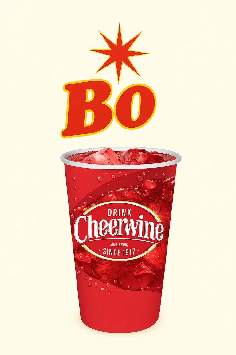 "A refreshing glass of Cheerwine filled with ice cubes, featuring the cheerwine logo on the glass. The drink is set against a light off-white creamy background, with the word 'Bo' in bold red letters and a starburst above it." Bojangles Beverage Menu
