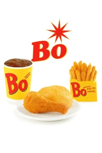 Bojangles Chicken Supreme meal featuring a golden crispy chicken fillet on a plate, a serving of seasoned French fries in a yellow Bojangles box, and a large soft drink with ice in a branded Bojangles cup, displayed on a pure white background with the Bojangles "Bo" logo above. Bojangles menu