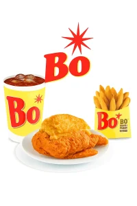 Bojangles Chicken Supreme meal featuring a golden crispy chicken fillet on a plate, a serving of seasoned French fries in a yellow Bojangles box, and a large soft drink with ice in a branded Bojangles cup, displayed on a pure white background with the Bojangles "Bo" logo above. Bojangles Menu