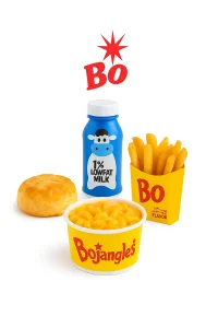 Bojangles kids’ meal featuring a cup of creamy macaroni and cheese, golden French fries in a yellow Bojangles box, a fluffy biscuit, and a blue bottle of 1% low-fat milk, all displayed on a clean white background. Bojangles Menu