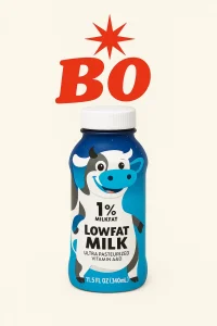 "A refreshing glass of milk filled with ice cubes, featuring the milk logo on the glass. The milk drink is set against a light off-white creamy background, with the word 'Bo' in bold red letters and a starburst above it."
Bojangles Menu