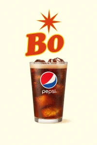 "A refreshing glass of Pepsi filled with ice cubes, featuring the Pepsi logo on the glass. The drink is set against a light off-white creamy background, with the word 'Bo' in bold red letters and a starburst above it." Bojangles menu