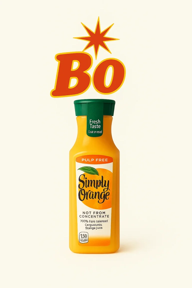 "A refreshing glass of simply orange filled with ice cubes, featuring the simply orange logo on the glass. The drink is set against a light off-white creamy background, with the word 'Bo' in bold red letters and a starburst above it." Bojangles Beverage Menu